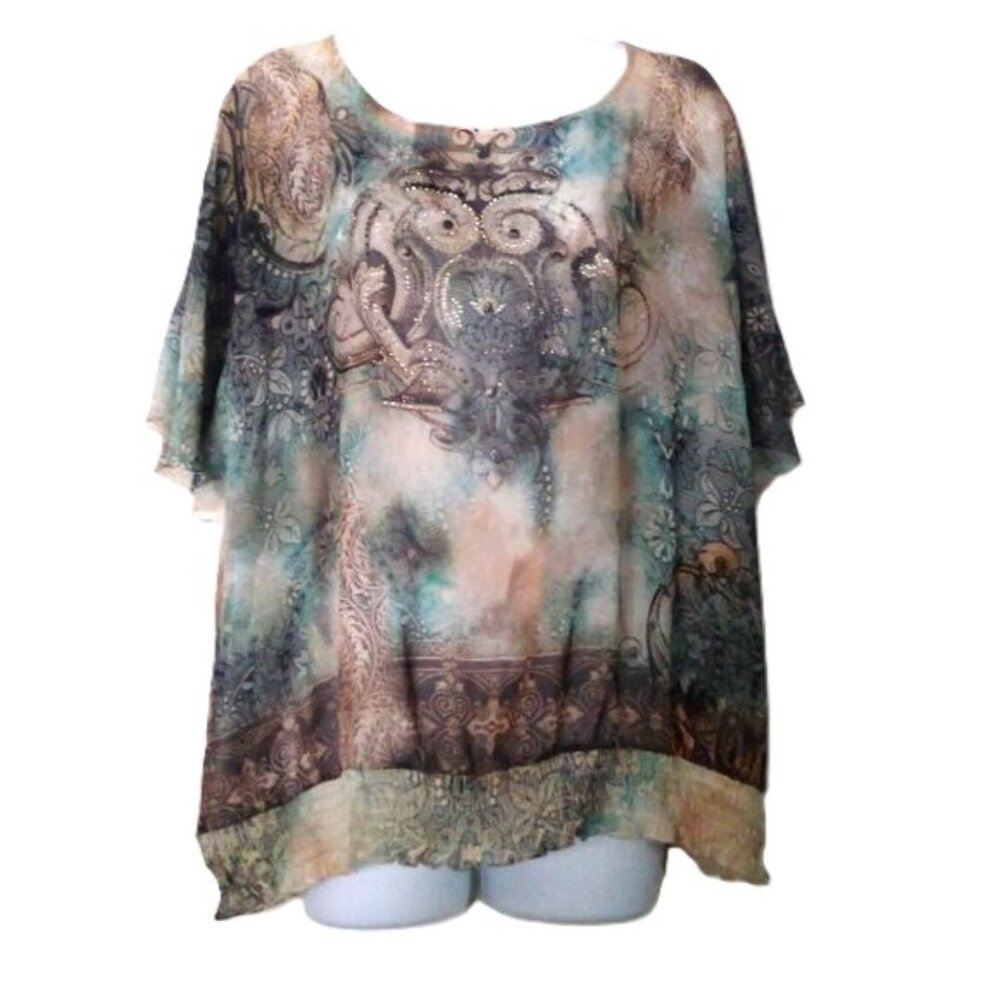 Dressbarn Top Owl Rhinestone Sparkle 3/4 Flowy Sleeve Stretch Waist EUC 14 / 16